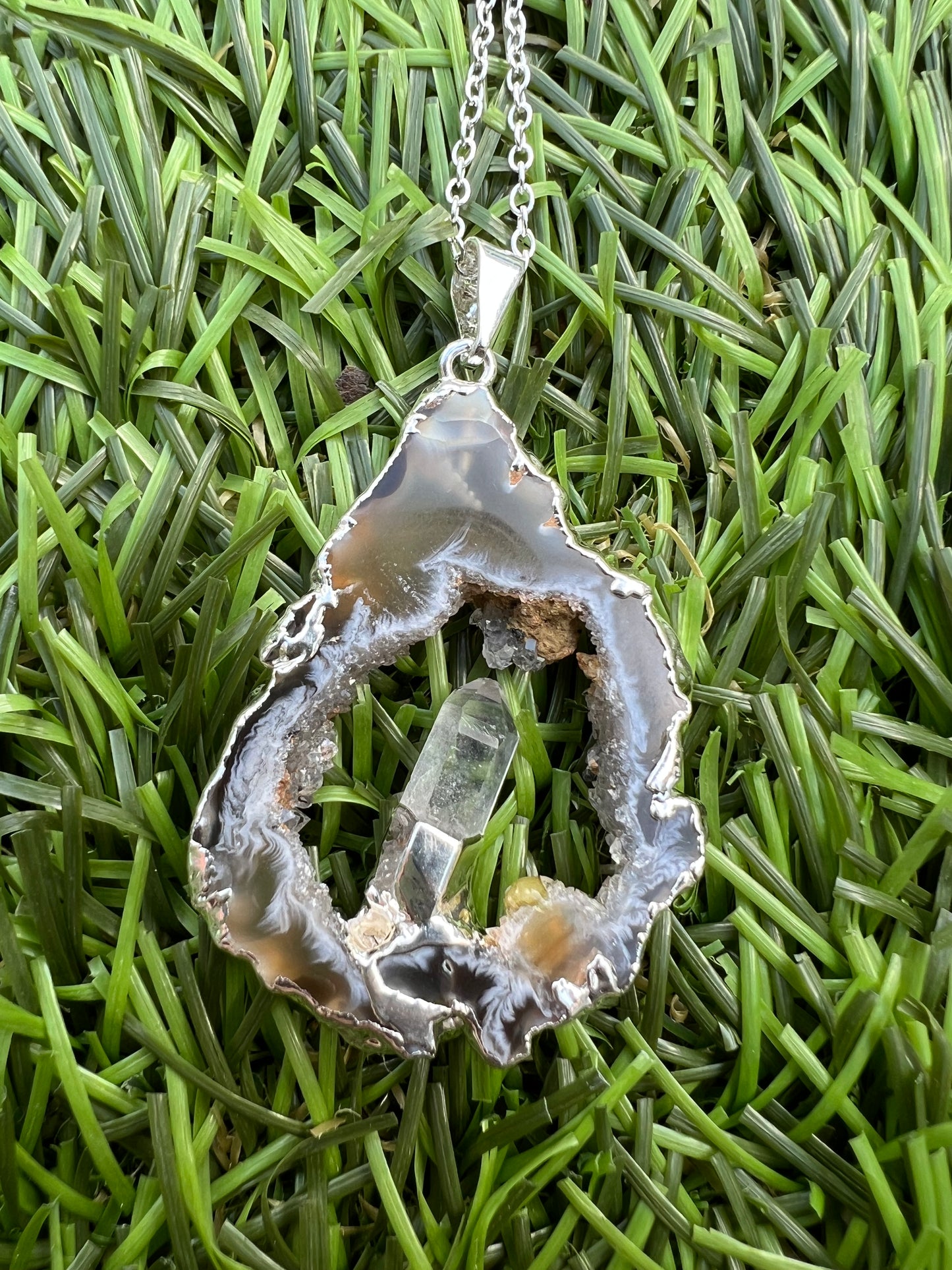 Geode slice with clear quartz point 925 silver necklace