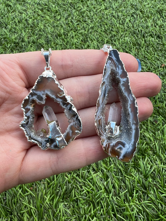 Geode slice with clear quartz point 925 silver necklace